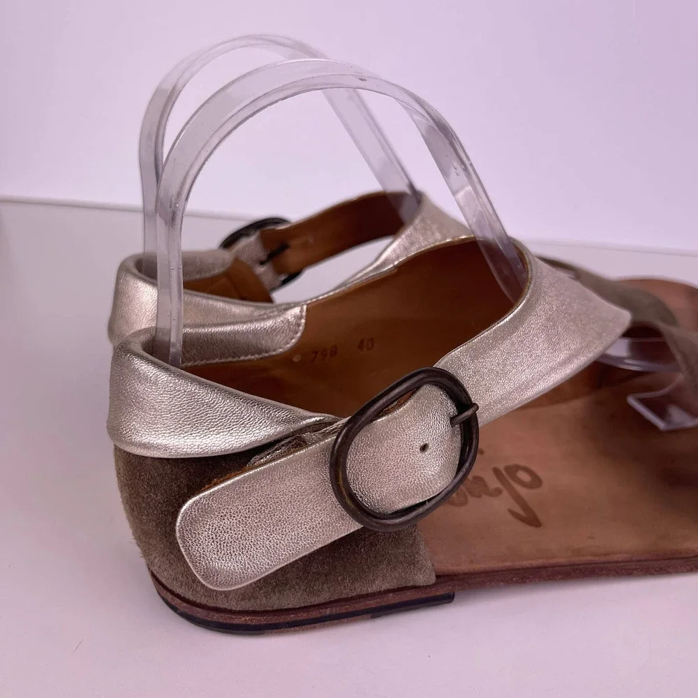 P Monjo Daniela Platino Mocha Gold Tan Leather Sandals Flats Women's Size 40 10